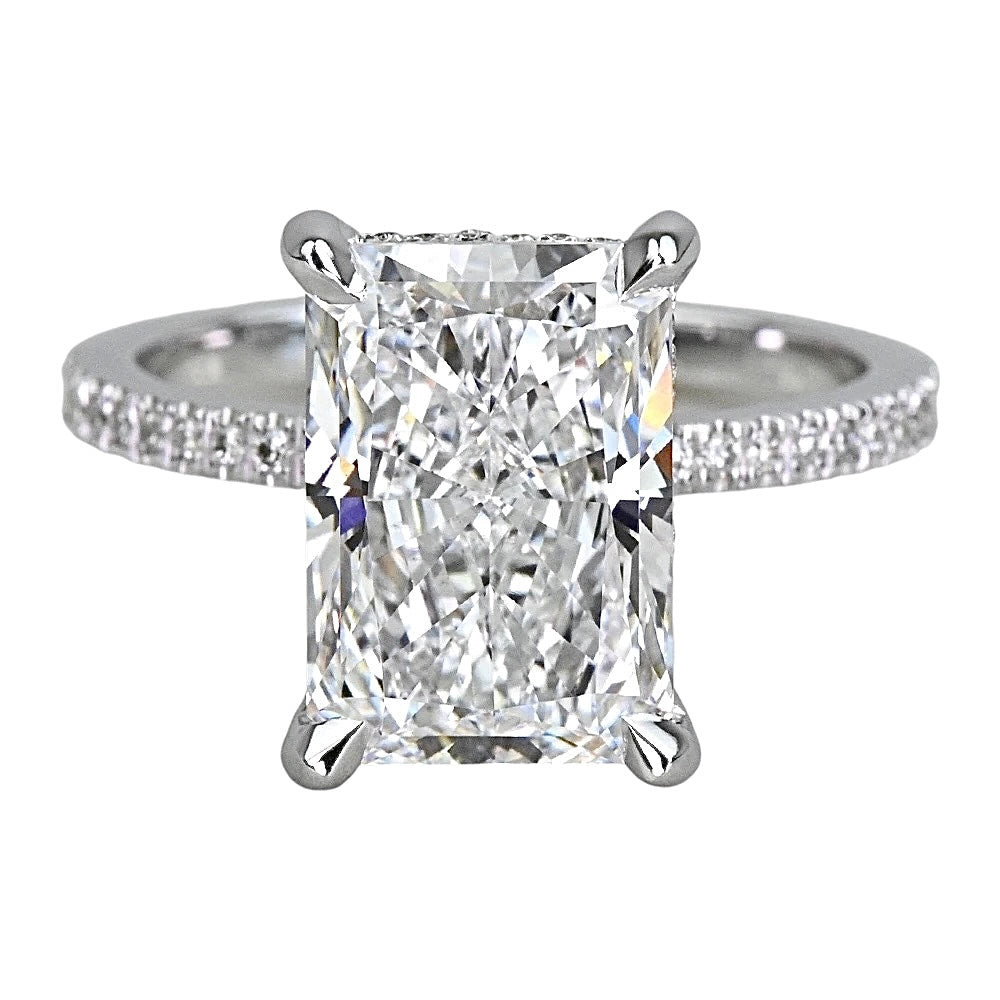 5.9 Carats Radiant Diamond Petite Pave Ring with Diamond Prongs, 950 Platinum