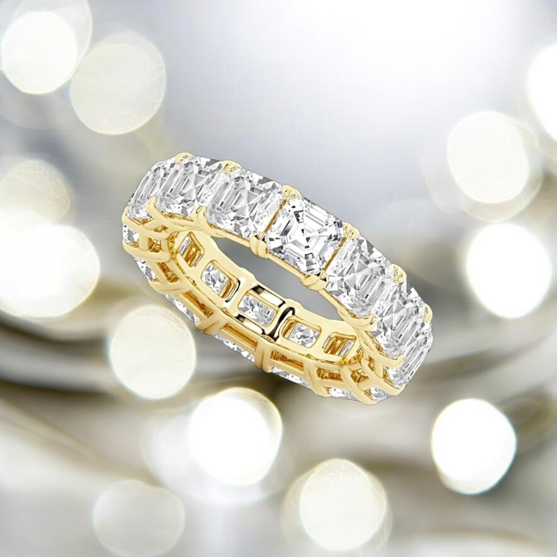 12 Carats Asscher Lab Grown Diamond Eternity Band - 5.4mm Width (size 5 US), 18K Yellow Gold