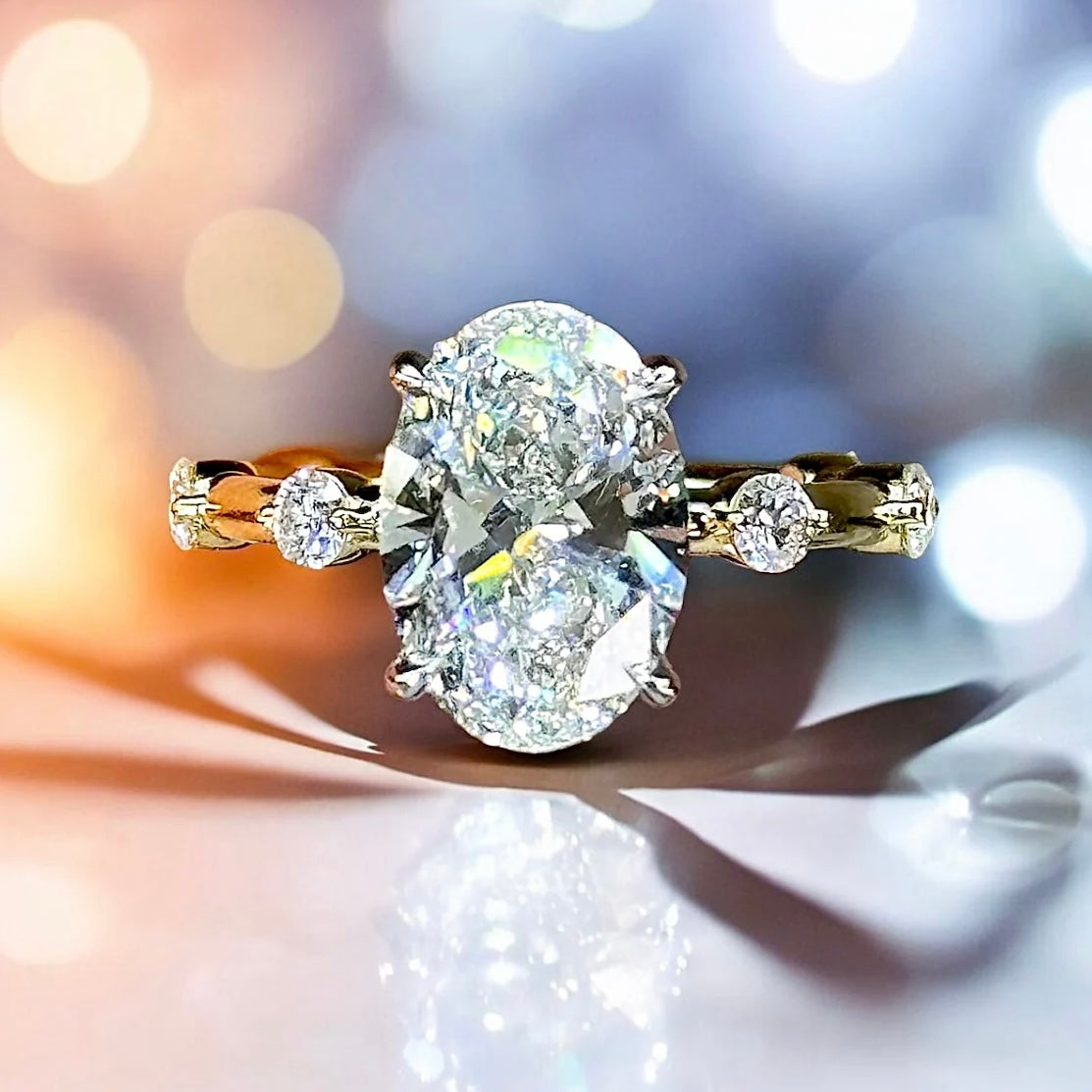 3.33 Carats Oval Cut Diamond Ring, 18K Yellow Gold