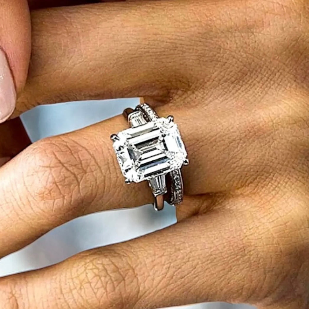 7.25 Carats Emerald Cut Grown Diamond Ring, 18K White Gold