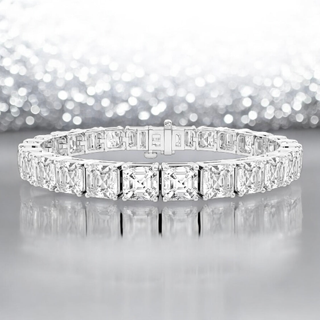 25 Carats Asscher Lab Grown Diamond Tennis Bracelet, 18K White Gold, 6.5 Inches
