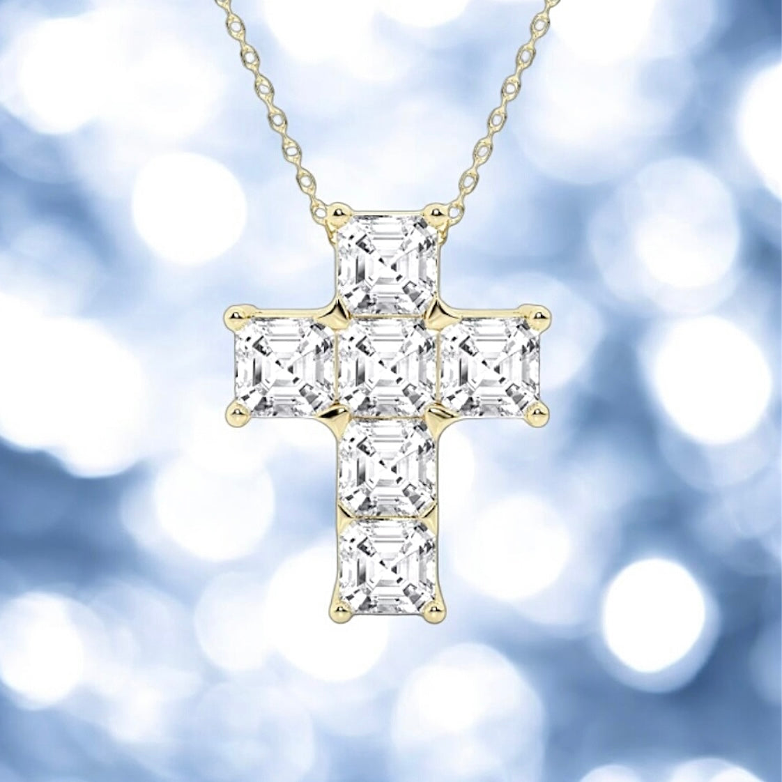 6 Carats Asscher Lab Grown Diamond Cross Pendant, 18k Yellow Gold