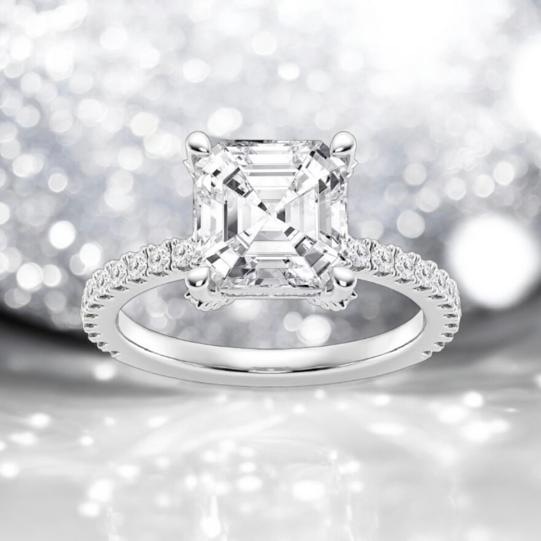 3.5 Carats Asscher Lab Grown Diamond Hidden Halo Ring, 950 Platinum