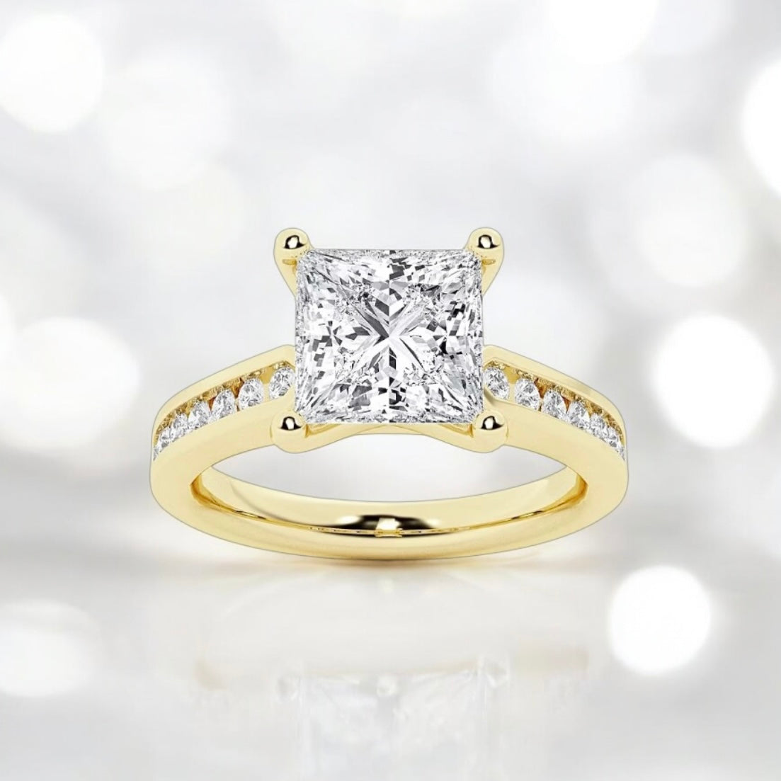 3.3 Carats Princess Lab Grown Diamond Ring with Channel Set Side Accents, 18K Yellow Gold