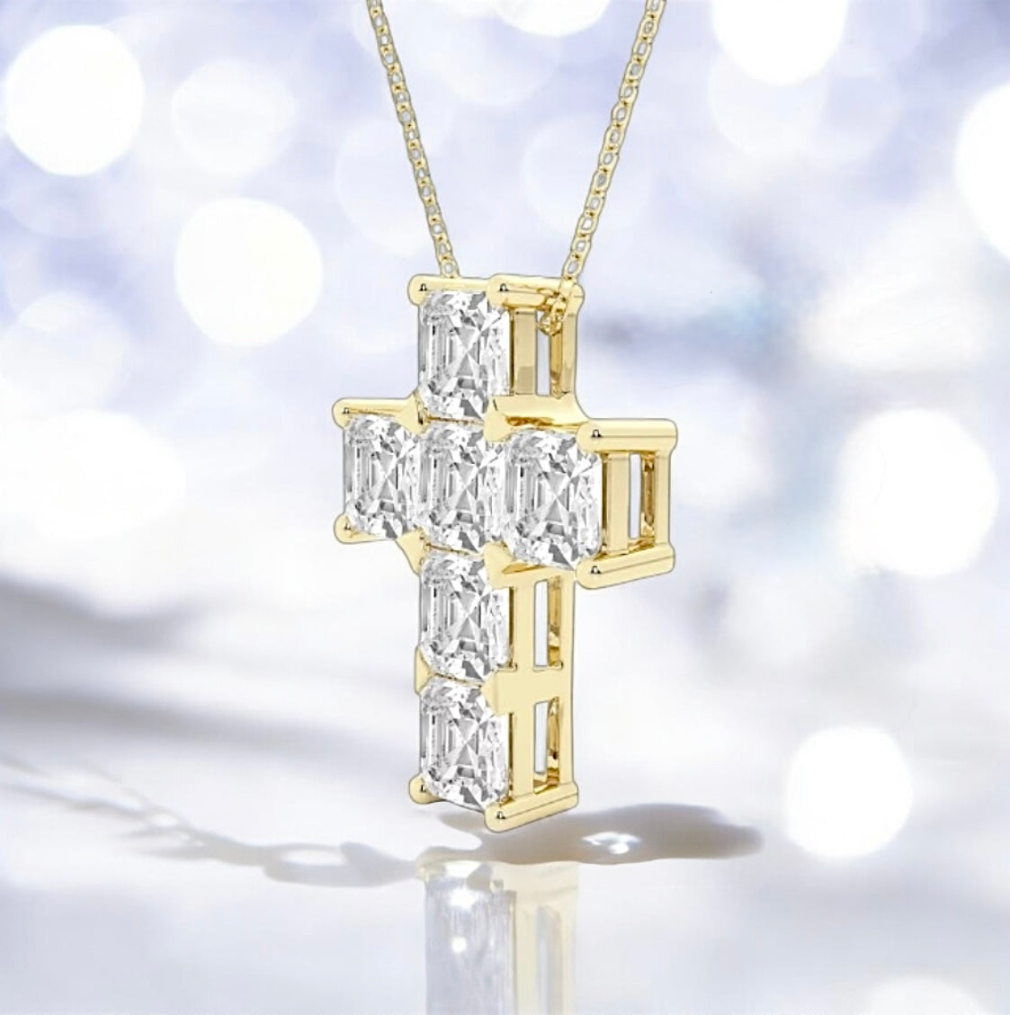 6 Carats Asscher Lab Grown Diamond Cross Pendant, 18k Yellow Gold