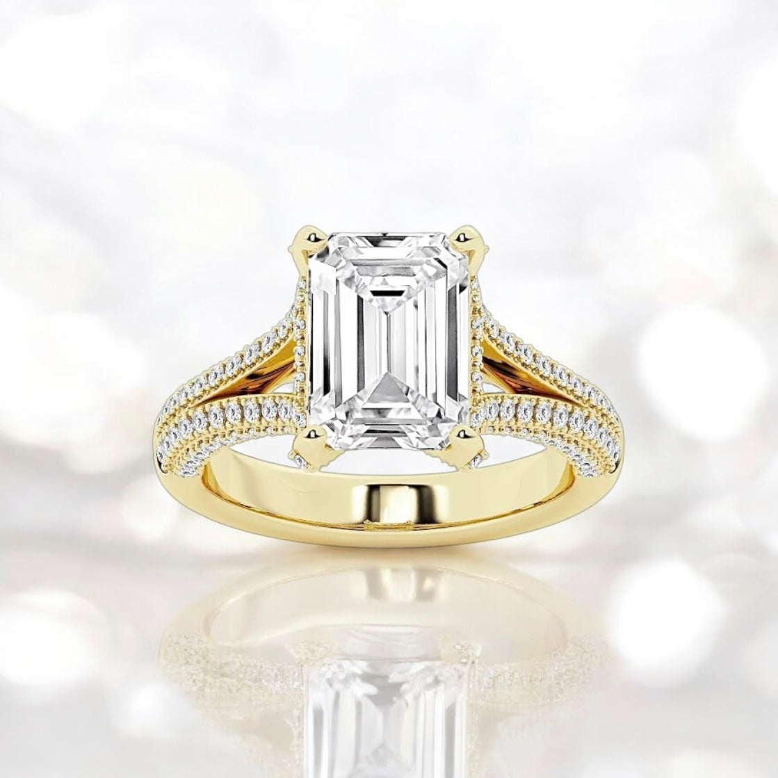 4.5 Carats Emerald Cut Lab Grown Diamond Split Shank X Side Stone Ring, 18K Yellow Gold