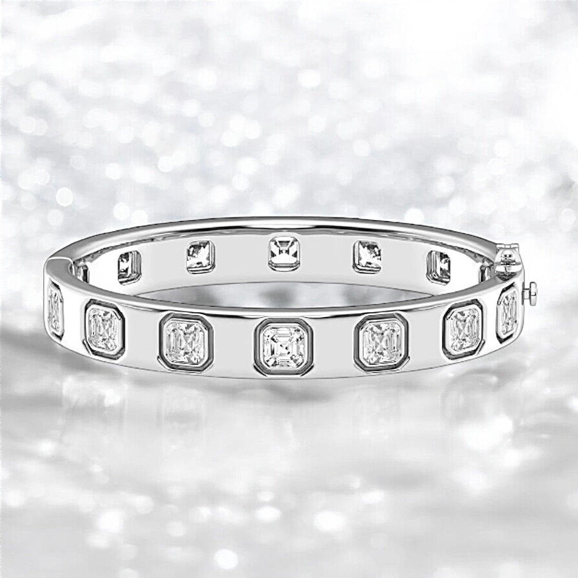 11 Carats Asscher Lab Grown Diamond Bangle Bracelet - 7 Inches, 18K White gold