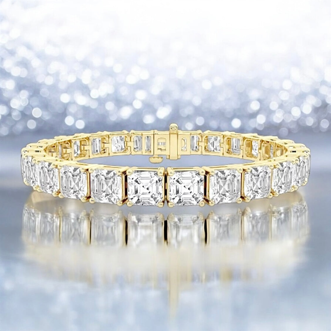 25 Carats Asscher Lab Grown Diamond Tennis Bracelet, 18K Yellow Gold, 6.5 Inches