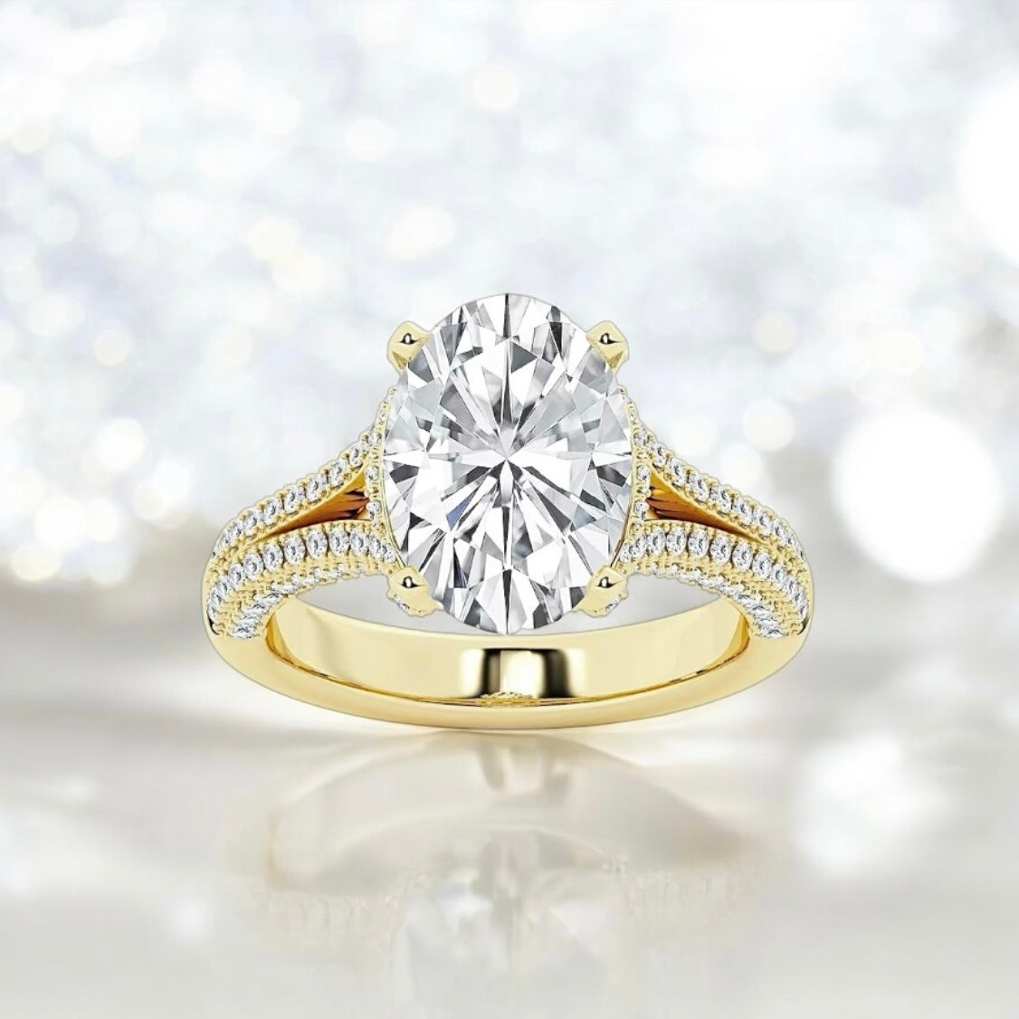 4.5 Carats Oval Lab Grown Diamond Split Shank X Side Stone Ring, 18K Yellow Gold
