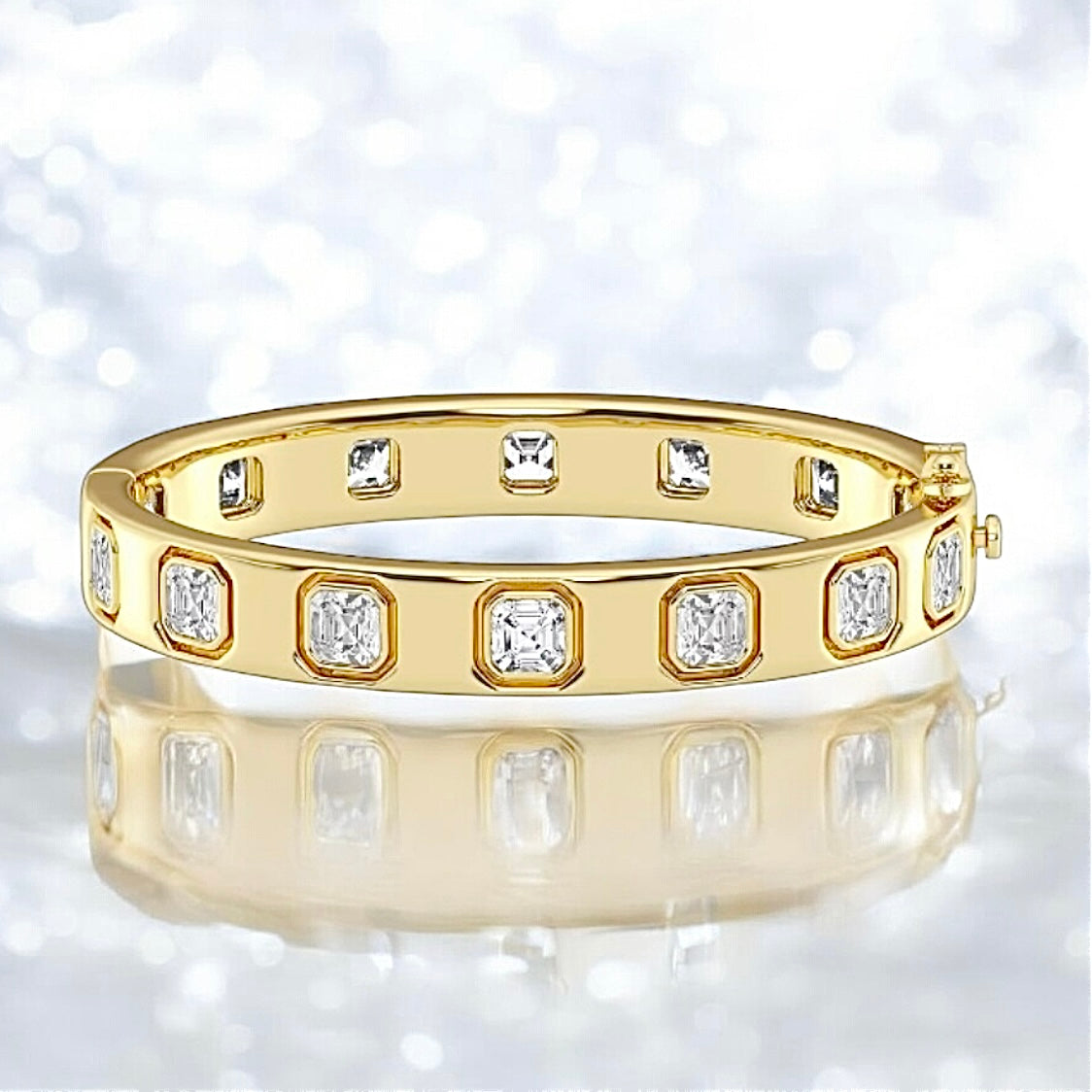 11 Carats Asscher Lab Grown Diamond Bangle Bracelet - 7 Inches, 18K Yellow gold