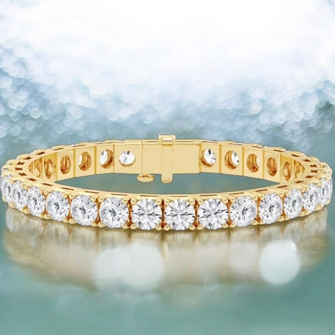 20 Carats Round Lab Grown Diamond Four-Prong Tennis Bracelet - 8.0 Inches, 18K Yellow Gold