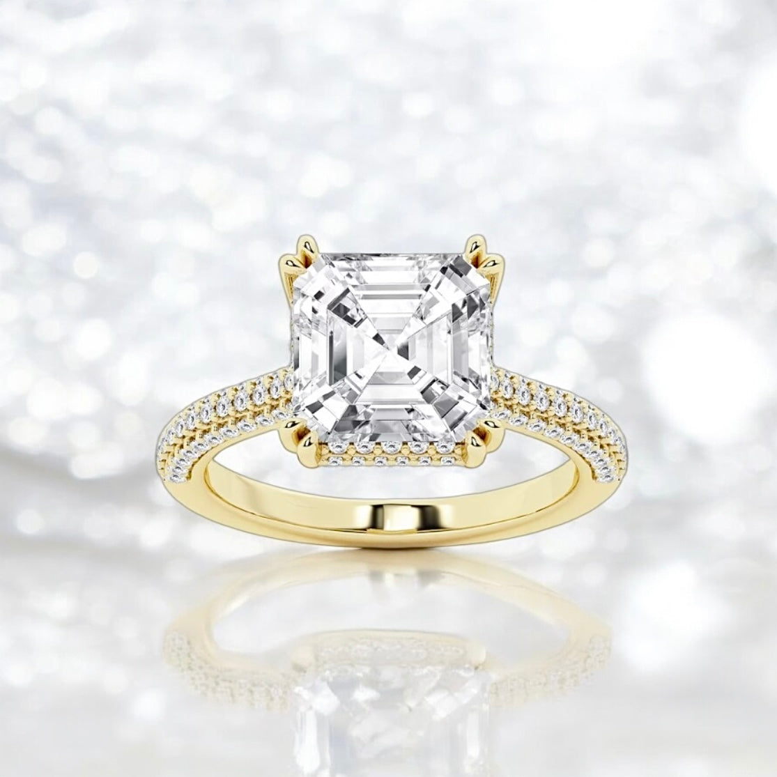 5 Carats Asscher Lab Grown Diamond Double Prong Hidden Halo Ring, 18K Yellow Gold