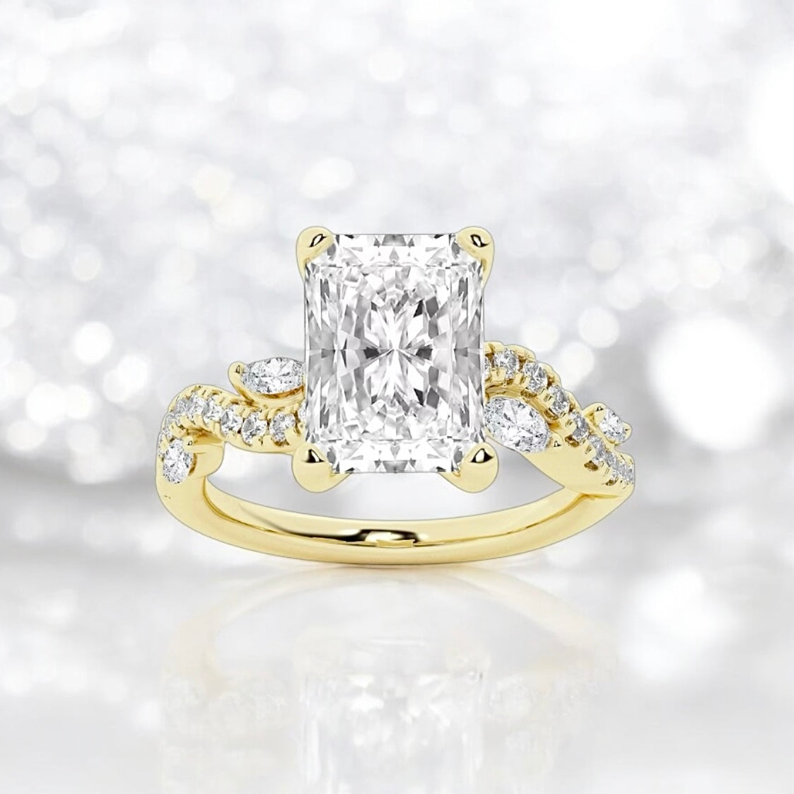 2.5 Carats Radiant Lab Grown Diamond Marquise Vine Ring, 18K Yellow Gold