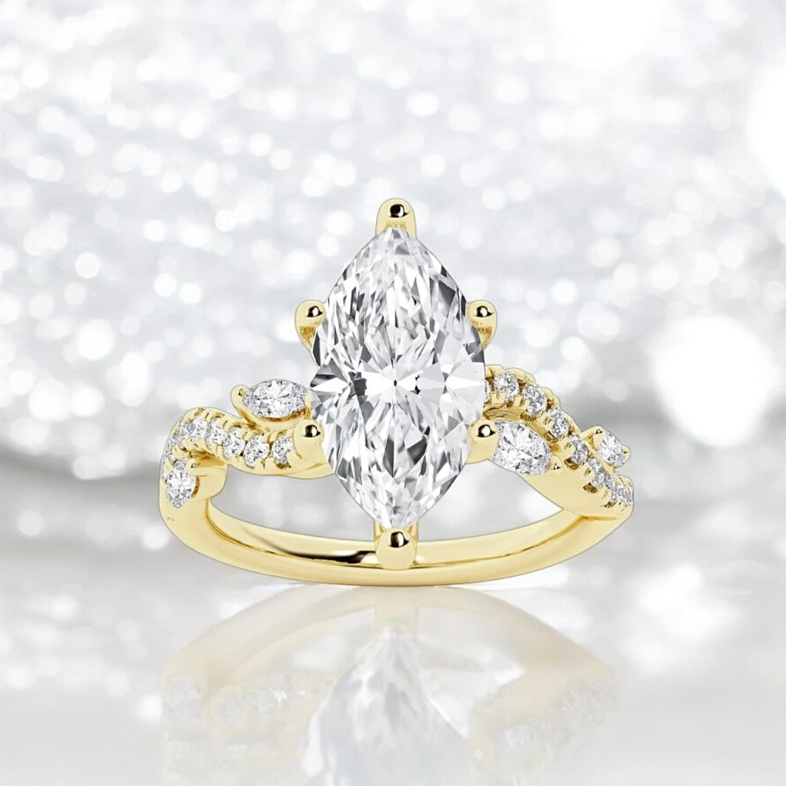 2.5 Carats Marquise Lab Grown Diamond Marquise Vine Ring, 18K Yellow Gold