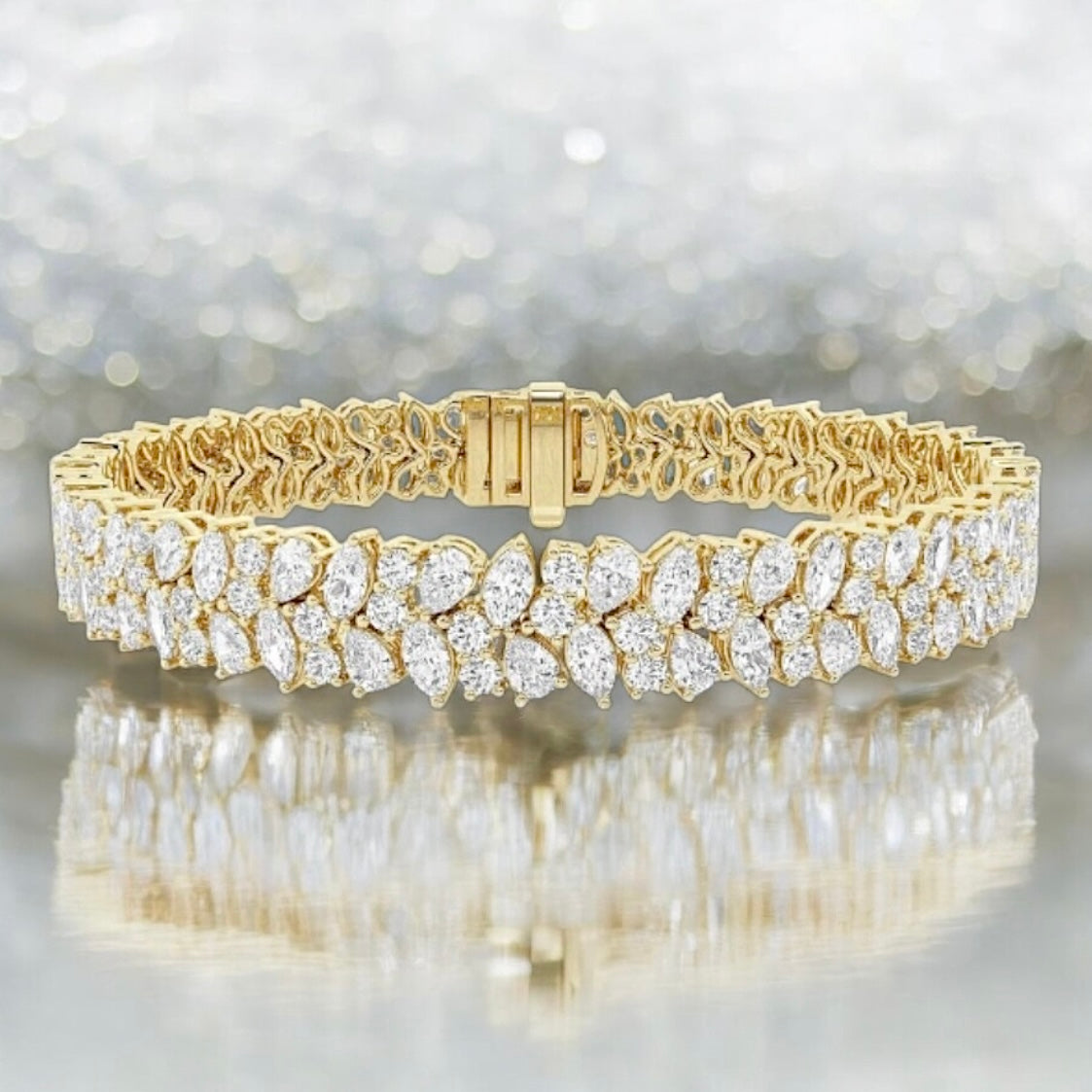 11 Carats Round, Pear, Marquise Lab Grown Diamond Alternating Bracelet, 7 Inches, 18K Yellow Gold