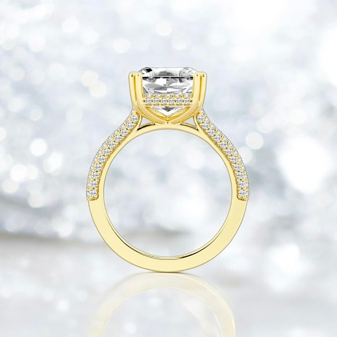 5 Carats Asscher Lab Grown Diamond Double Prong Hidden Halo Ring, 18K Yellow Gold