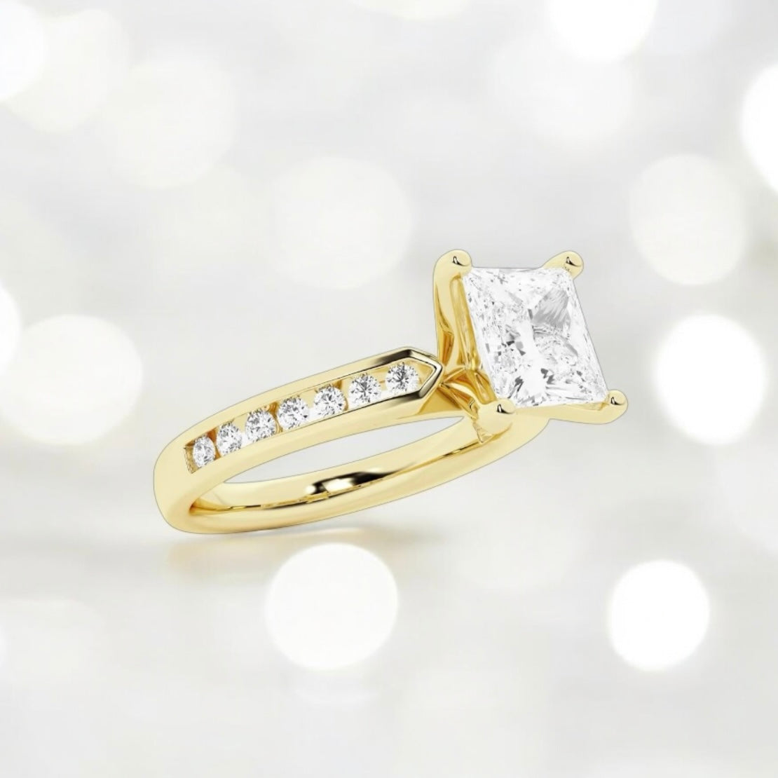 3.3 Carats Princess Lab Grown Diamond Ring with Channel Set Side Accents, 18K Yellow Gold