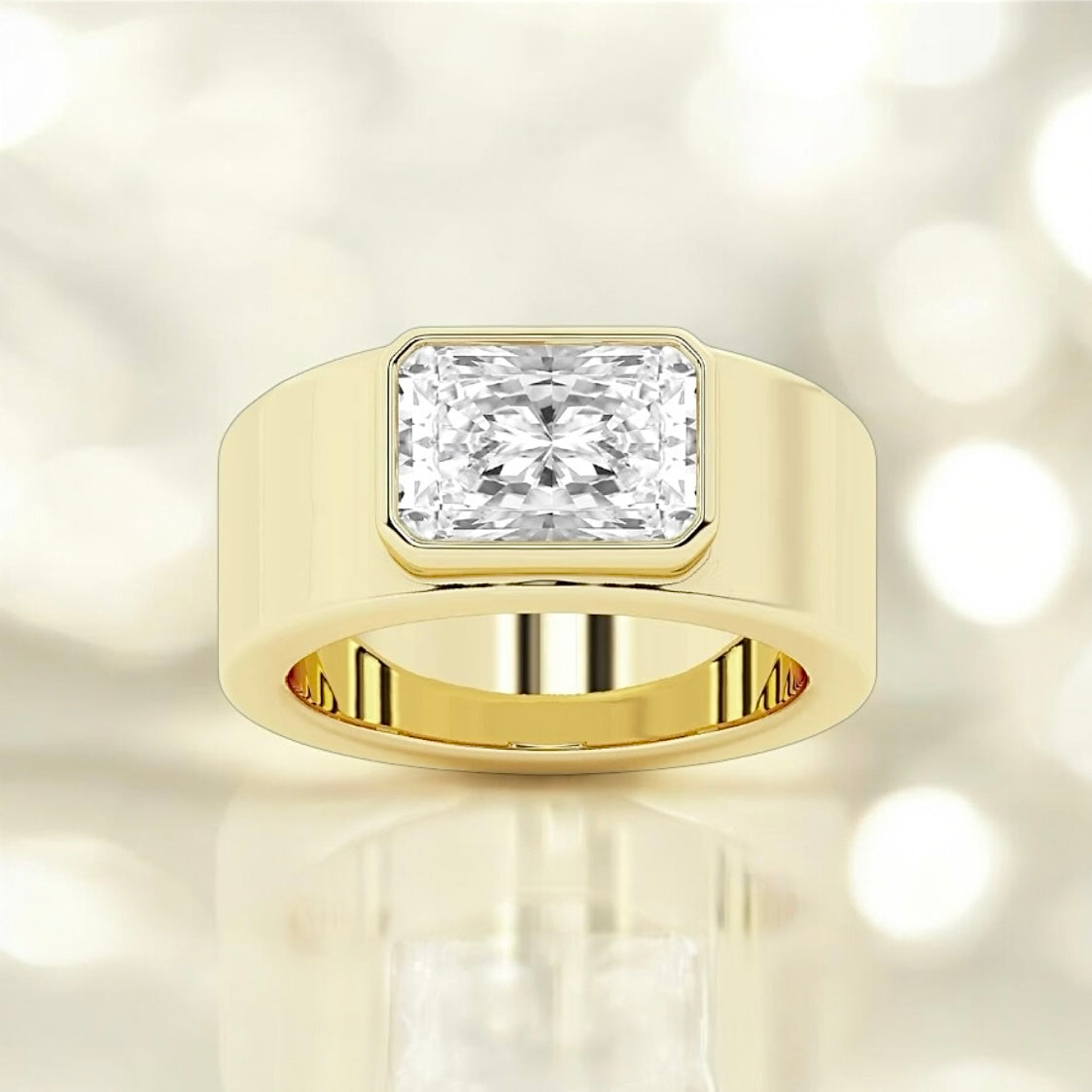 2.6 Carat Radiant Lab Grown Diamond Bezel Set Wide Band, 18K Yellow Gold