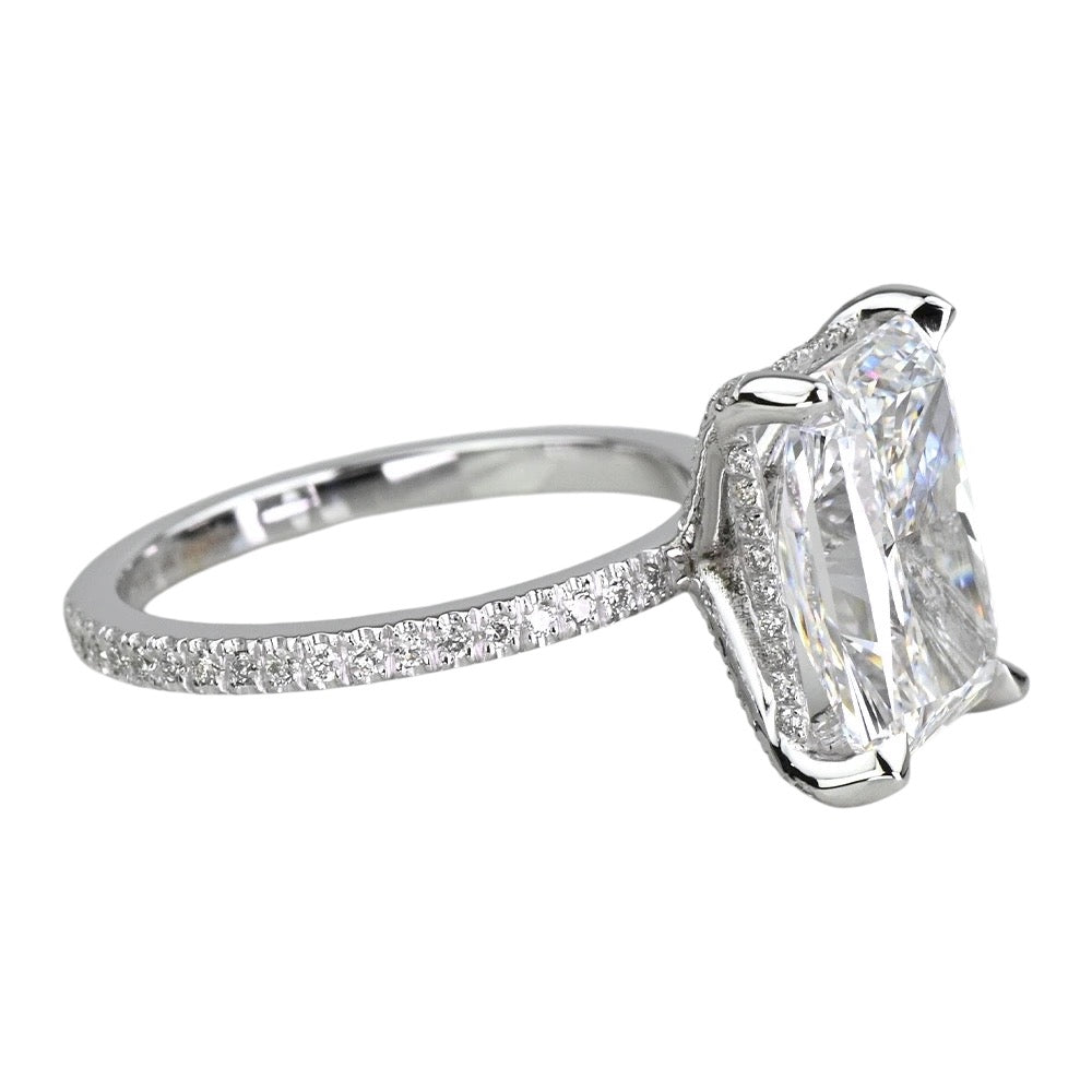 5.9 Carats Radiant Diamond Petite Pave Ring with Diamond Prongs, 950 Platinum