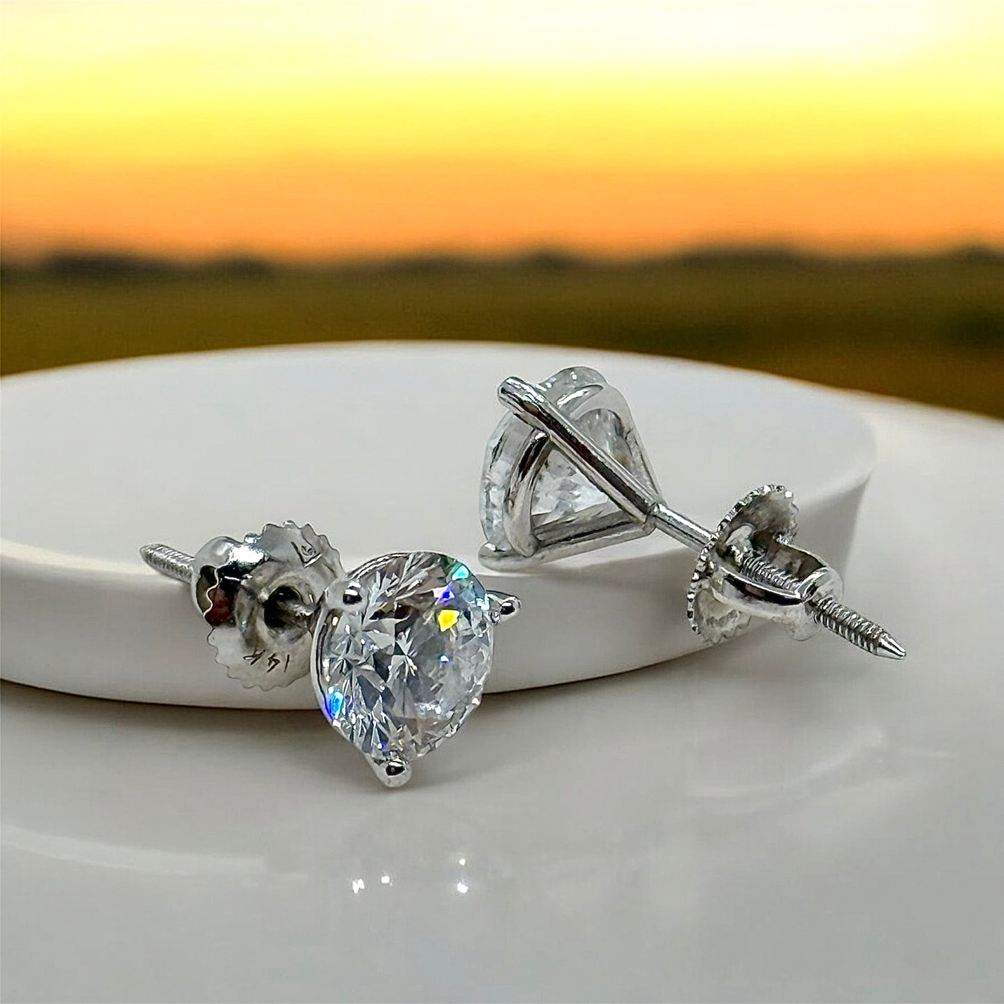 4 Carats Diamond 3-Prong Stud Earrings, 14K White Gold