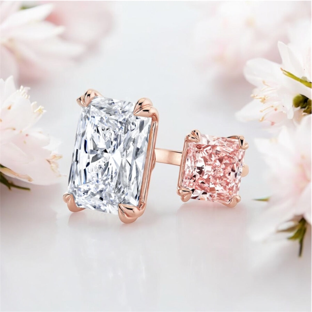 11.19 carats Radiant Cut Two Stone Diamond Ring, 18K Rose Gold (High Jewelry)