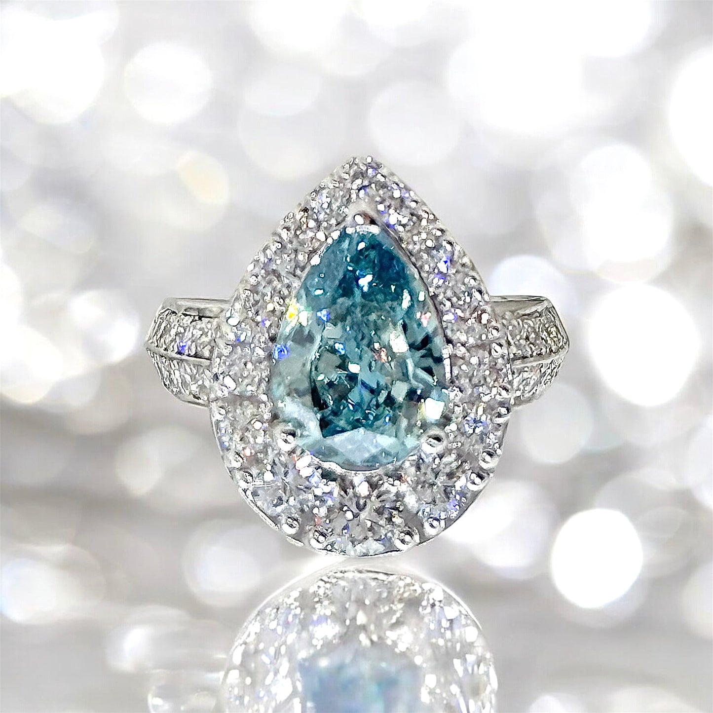 3 Carats GIA certified Earth Mined Pear Shape Halo Diamond Ring, 18K White Gold