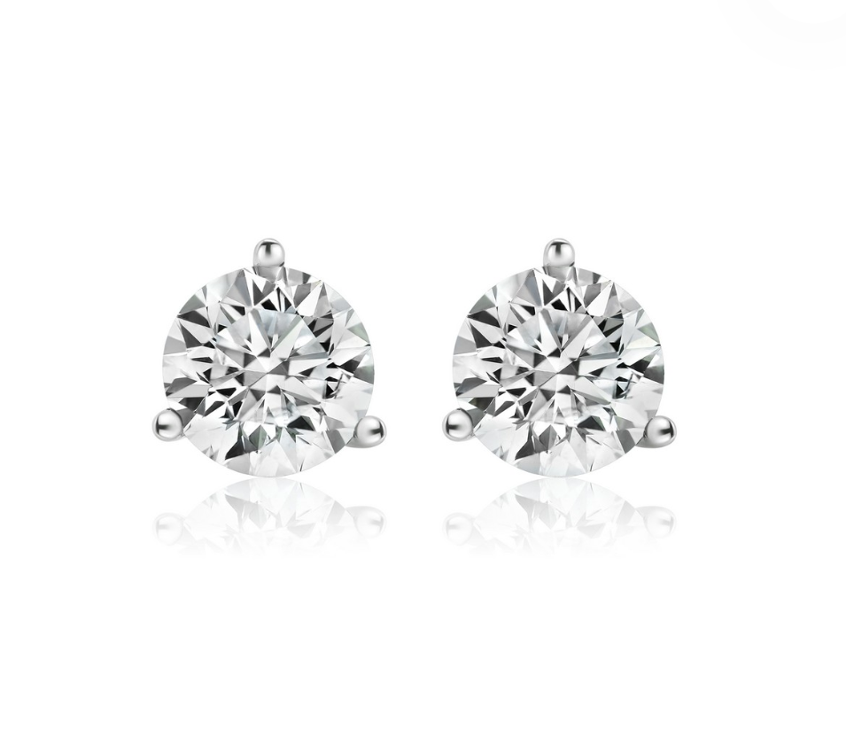 4 Carats Diamond 3-Prong Stud Earrings, 14K White Gold