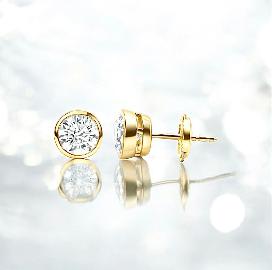 2 Carats Diamond Bezel Stud Earrings, 14K Yellow Gold