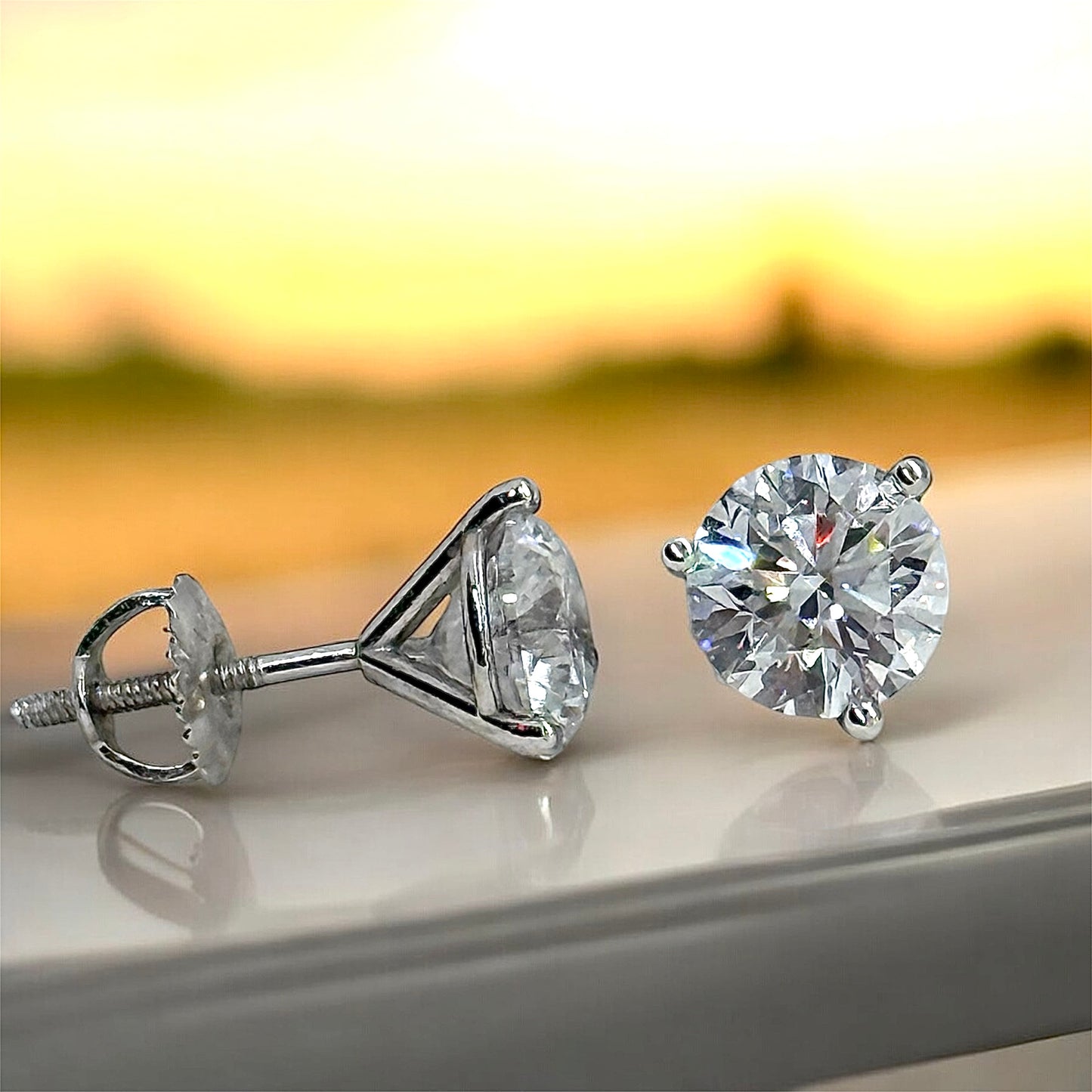 6 Carats Diamond 3-Prong Martini Stud Earrings, 14K White Gold