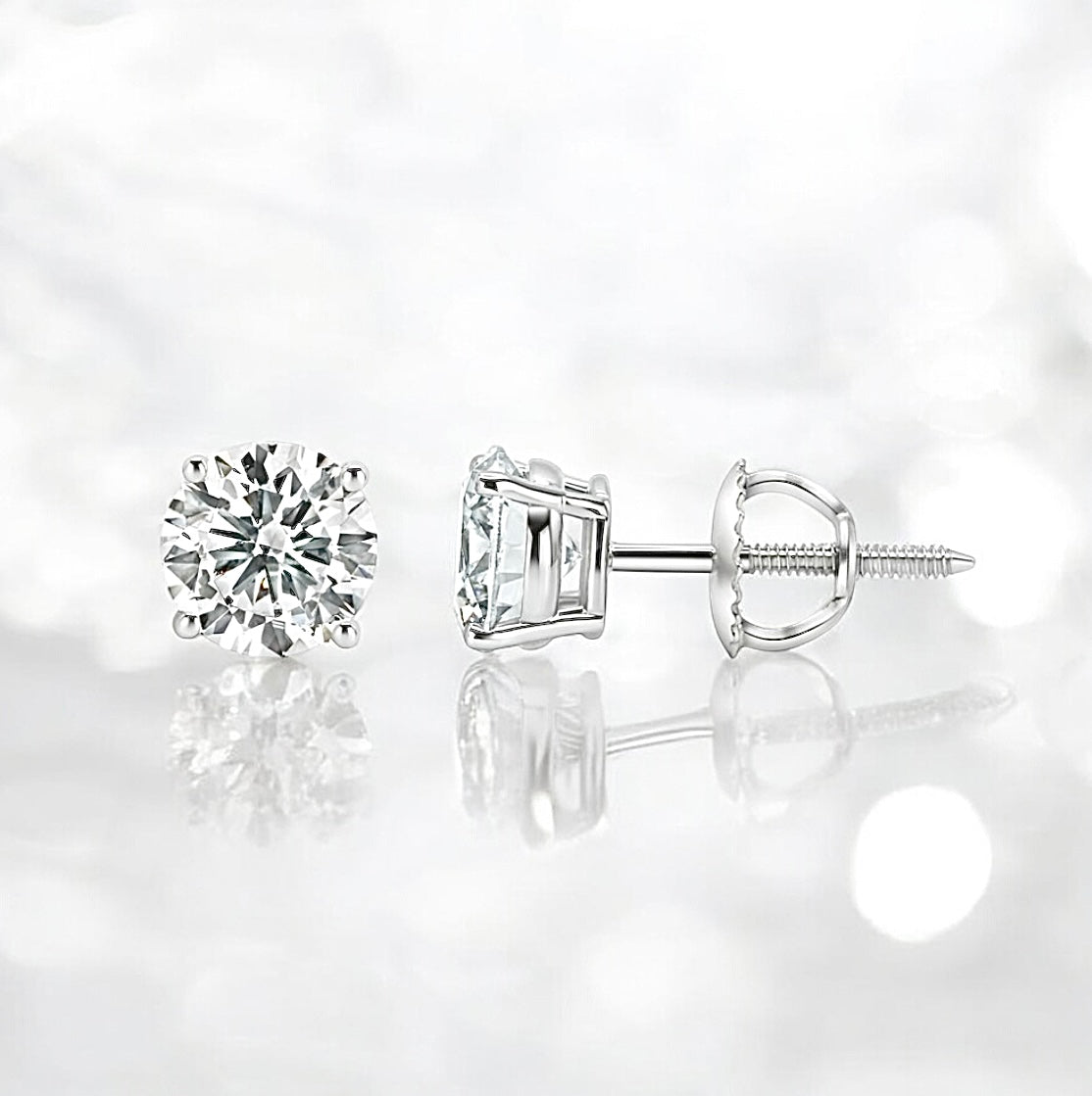 2 Carats Diamond 4-Prong Screwback Stud Earrings, 14K White Gold