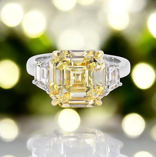 1 _  8.17 Carats Asscher-Cut Fancy Intense Yellow Earth-mined Diamond Ring, in 950 Platinum