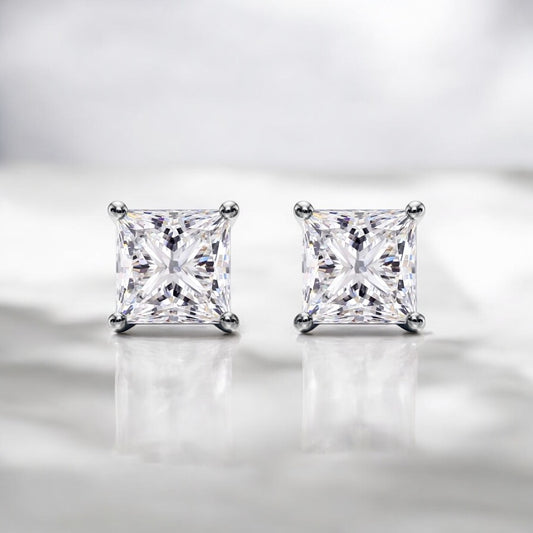 3 Carats Princess Diamond Studs in 18K White Gold