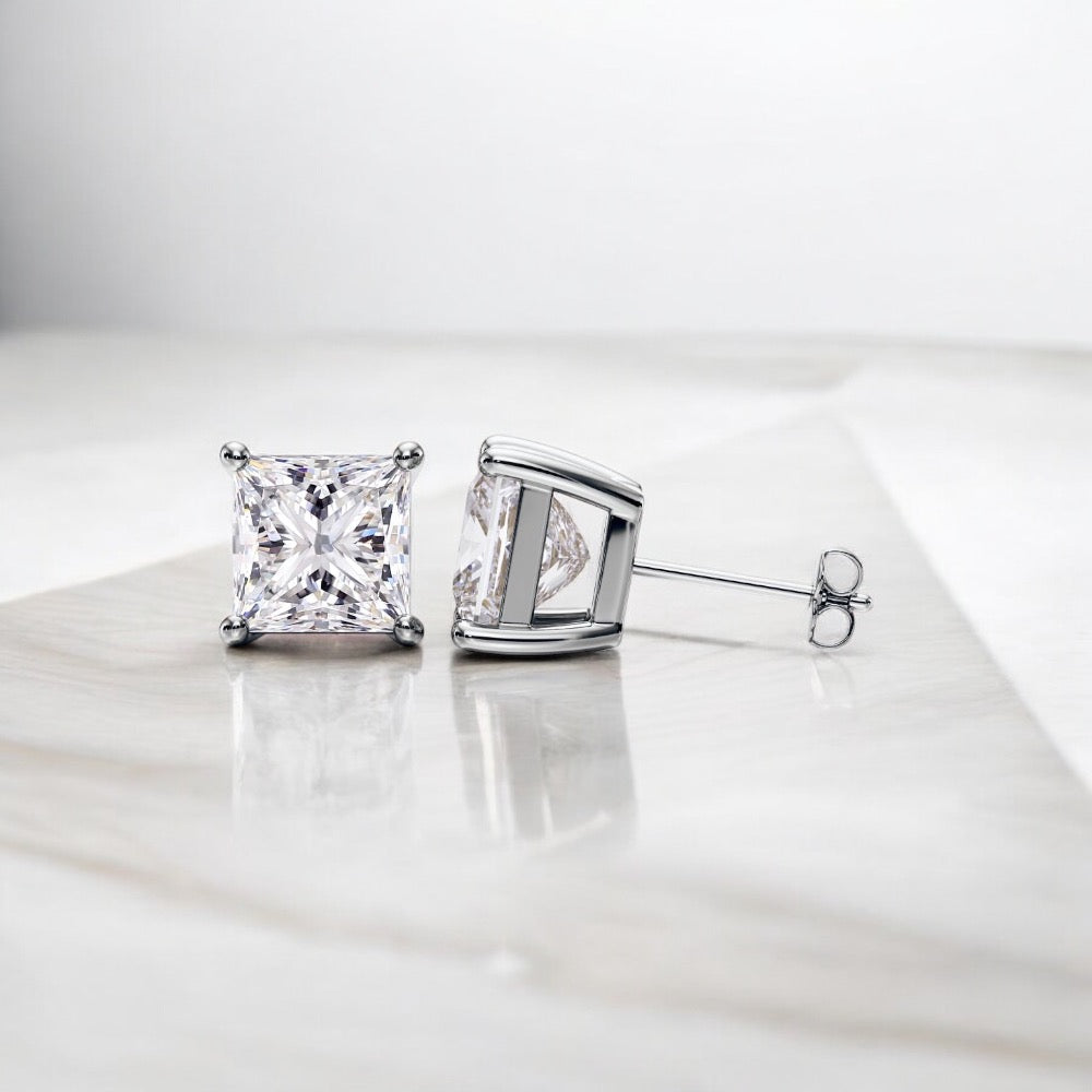 3 Carats Princess Diamond Studs in 18K White Gold