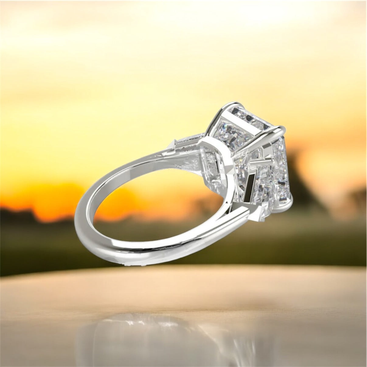 5.5 Carats Asscher Shape Diamond Ring With Baguette Side Stones, 950 Platinum