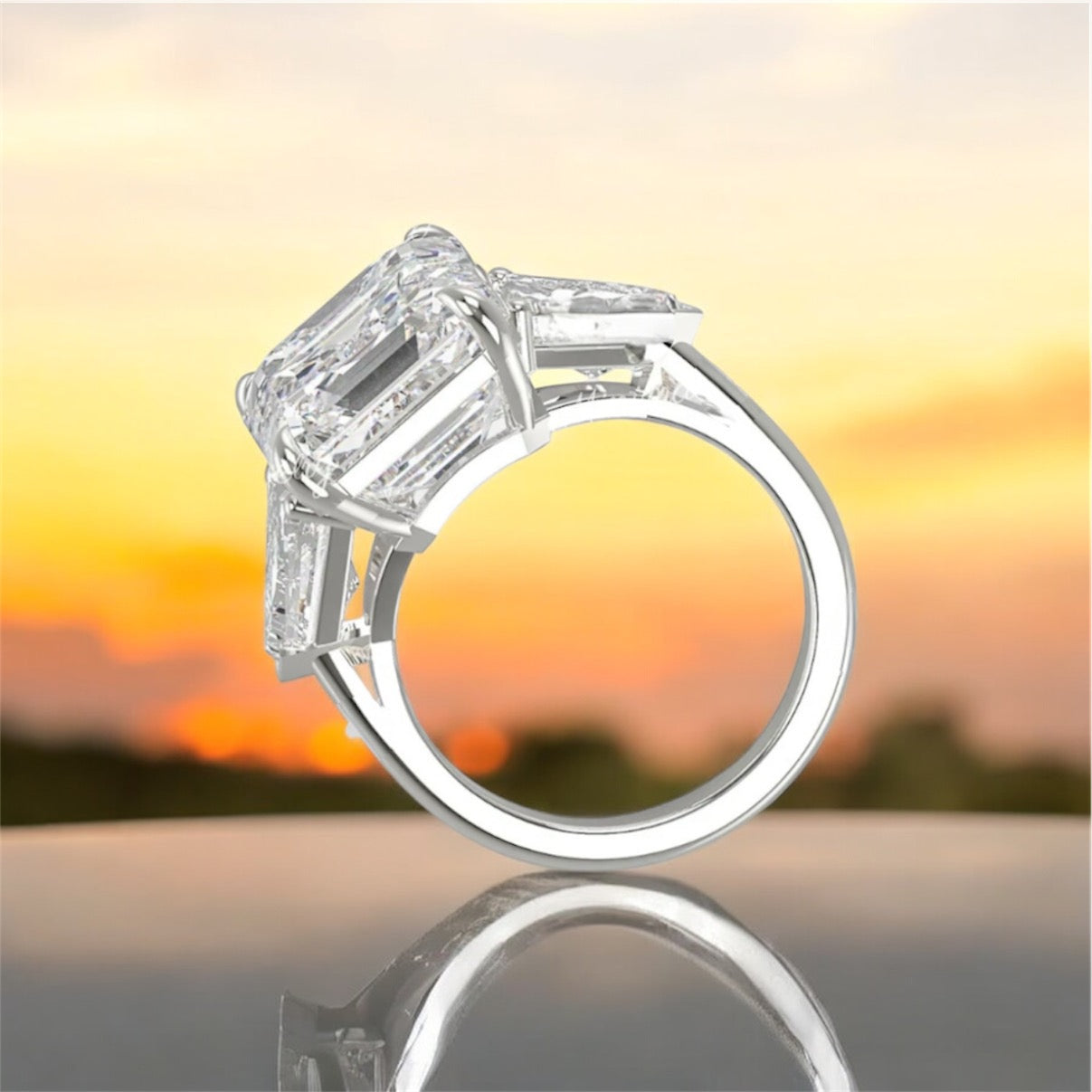 5.5 Carats Asscher Shape Diamond Ring With Baguette Side Stones, 950 Platinum