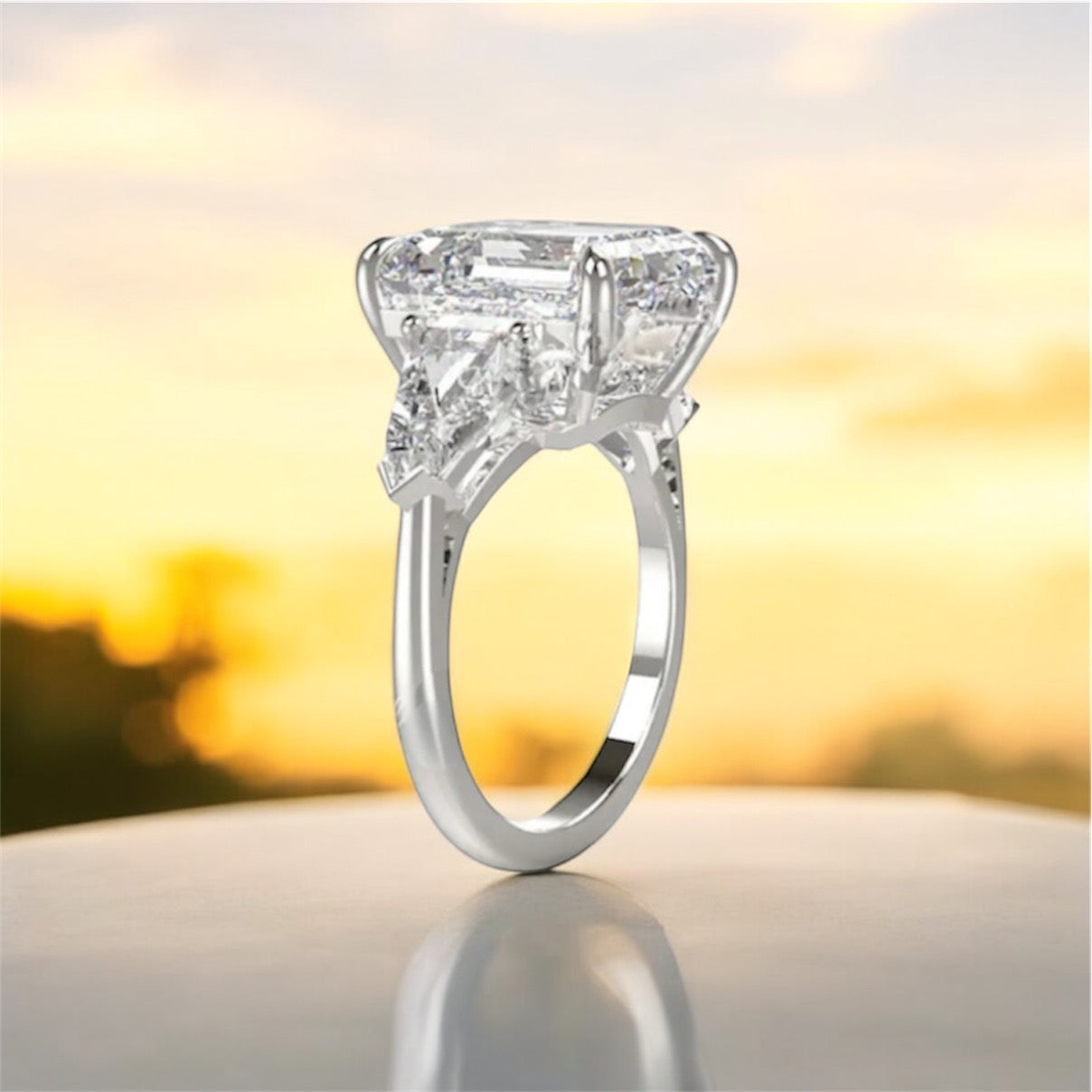 5.5 Carats Asscher Shape Diamond Ring With Baguette Side Stones, 950 Platinum