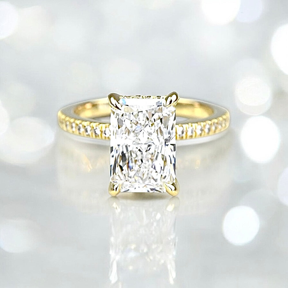 2.38 Carats Radiant Shape Diamond Petite Pave Ring With Diamond Prongs, 18K yellow gold