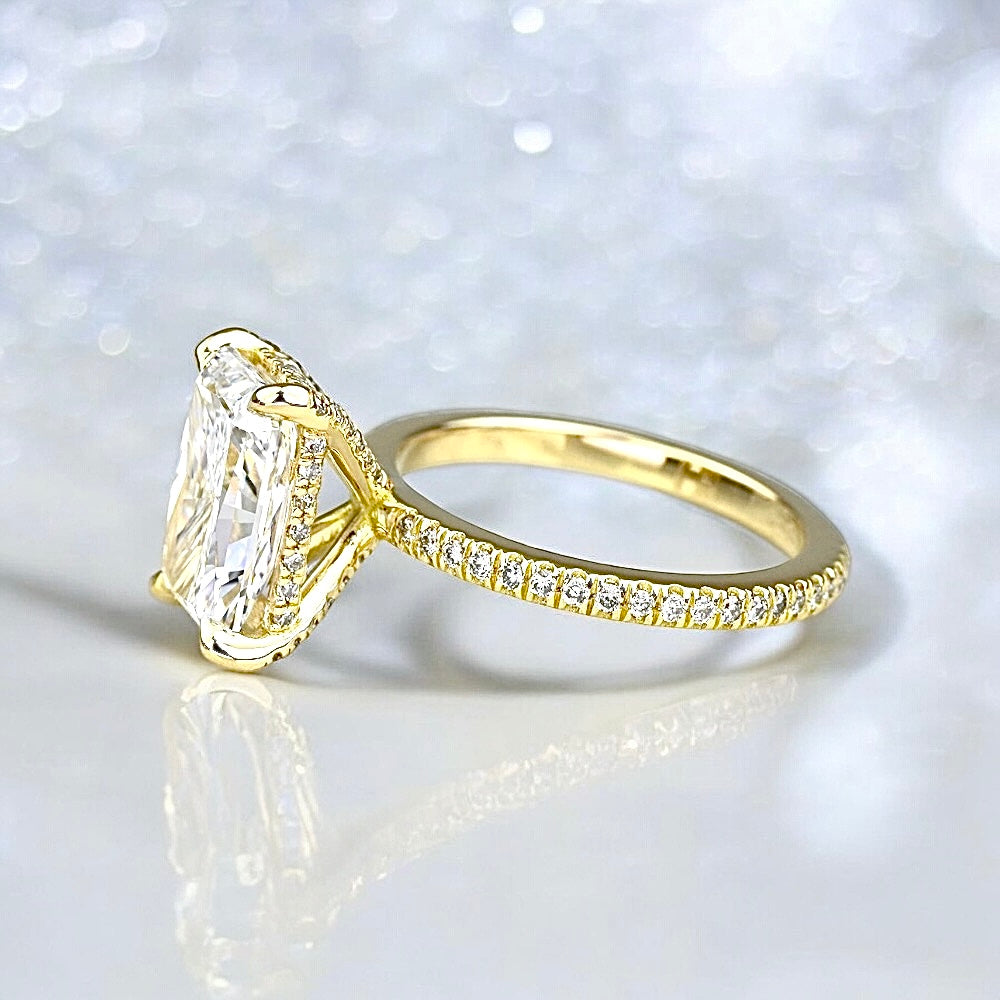 2.38 Carats Radiant Shape Diamond Petite Pave Ring With Diamond Prongs, 18K yellow gold