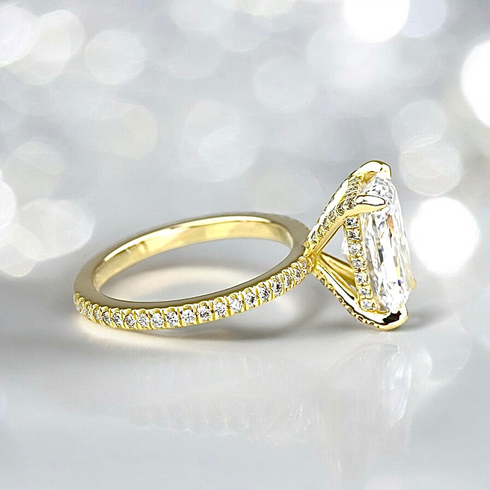 2.38 Carats Radiant Shape Diamond Petite Pave Ring With Diamond Prongs, 18K yellow gold