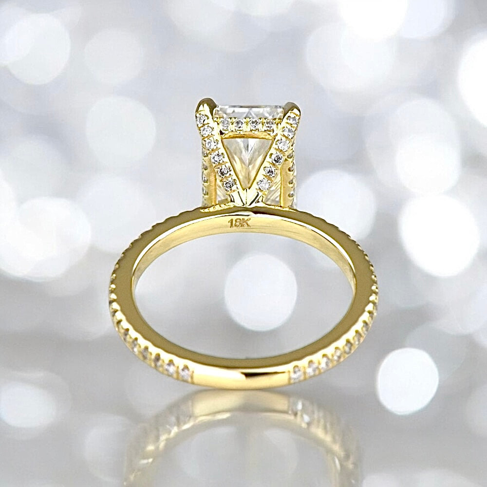 2.38 Carats Radiant Shape Diamond Petite Pave Ring With Diamond Prongs, 18K yellow gold