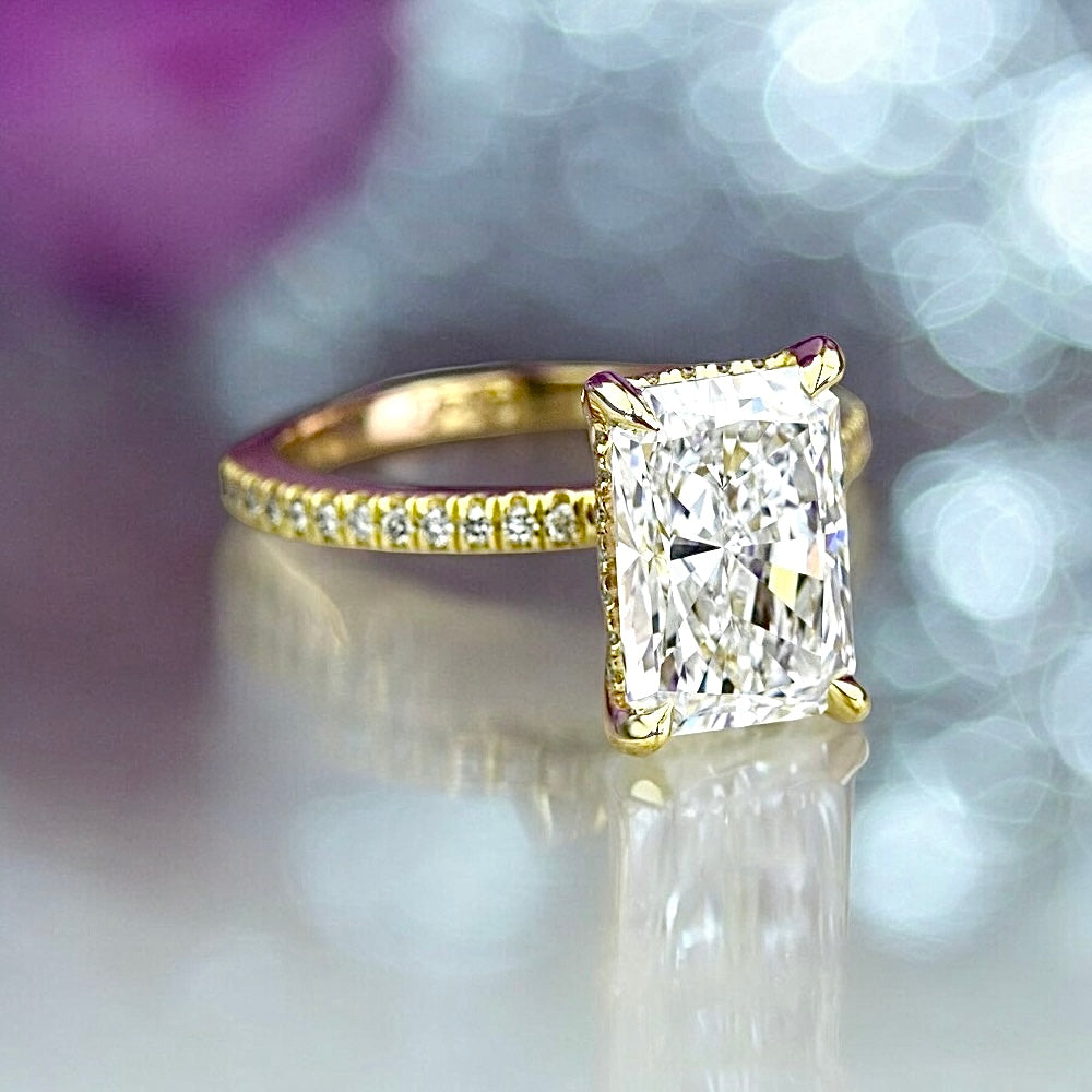 2.38 Carats Radiant Shape Diamond Petite Pave Ring With Diamond Prongs, 18K yellow gold