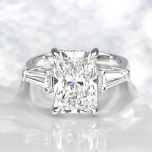 5.3 Carats Radiant Shape Diamond Ring With Baguette Side Stones, 950 Platinum