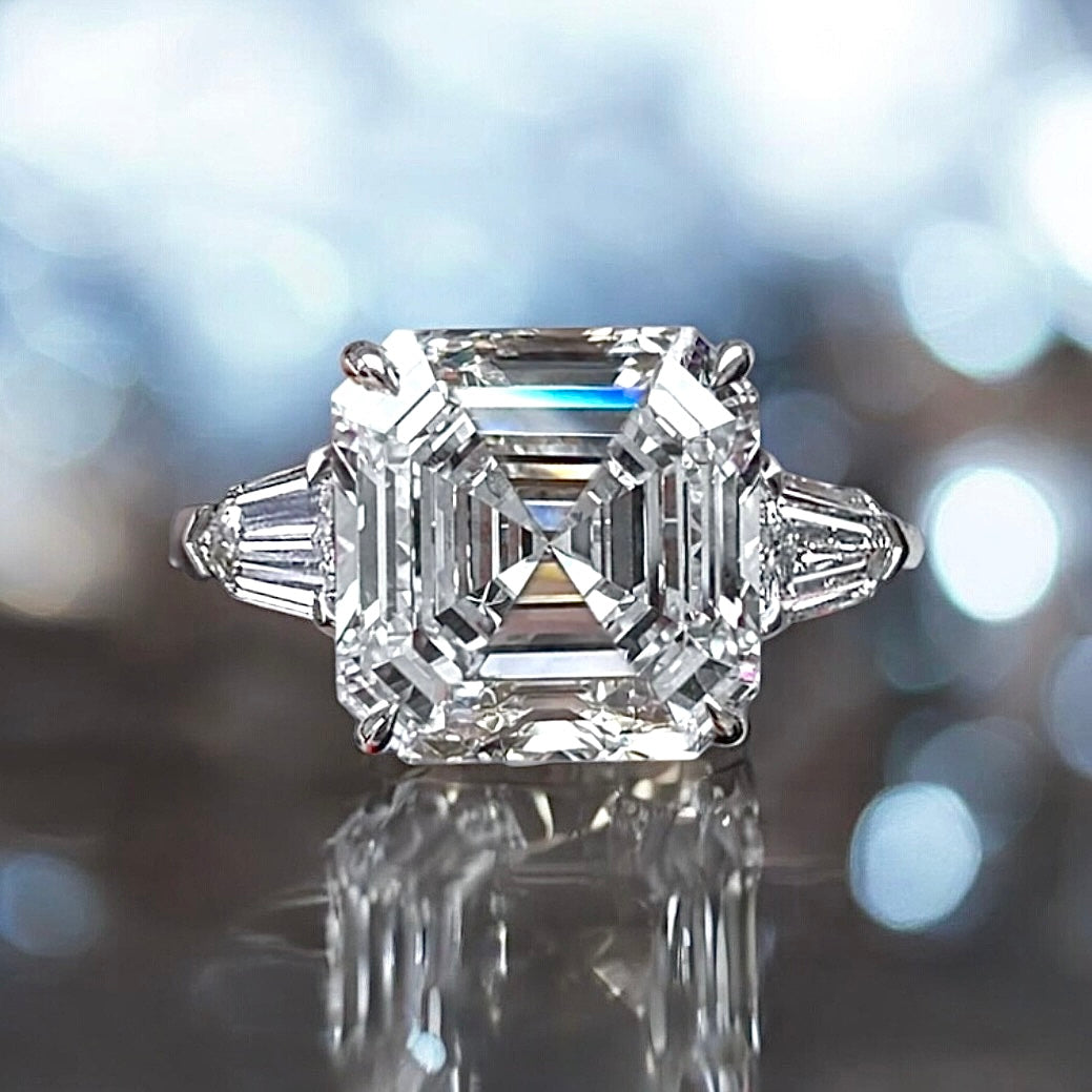 5.5 Carats Asscher Shape Diamond Ring With Baguette Side Stones, 950 Platinum